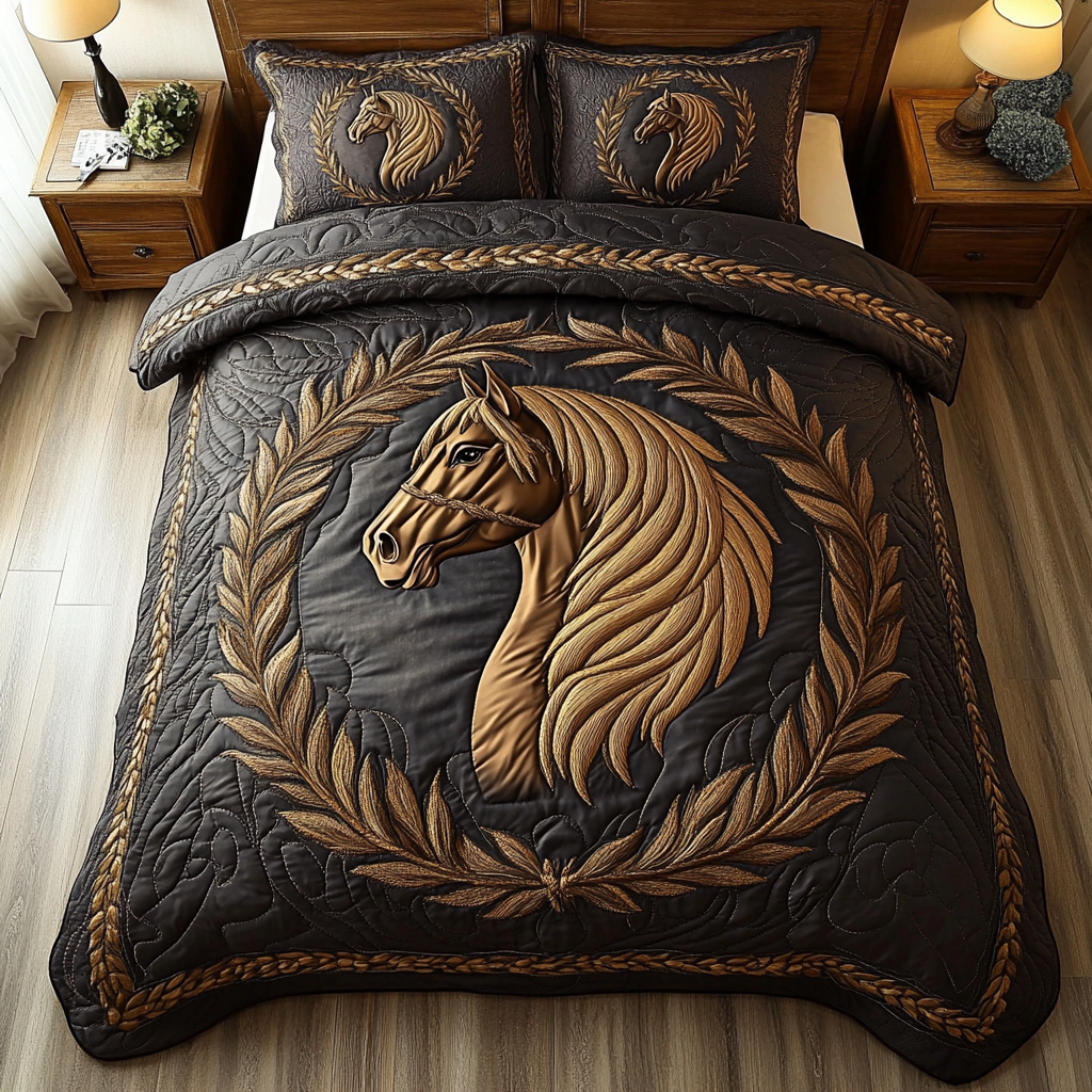 Golden Horse Quilted Bedding Set Cozy Bedroom Decor Gifts For A Horse Person