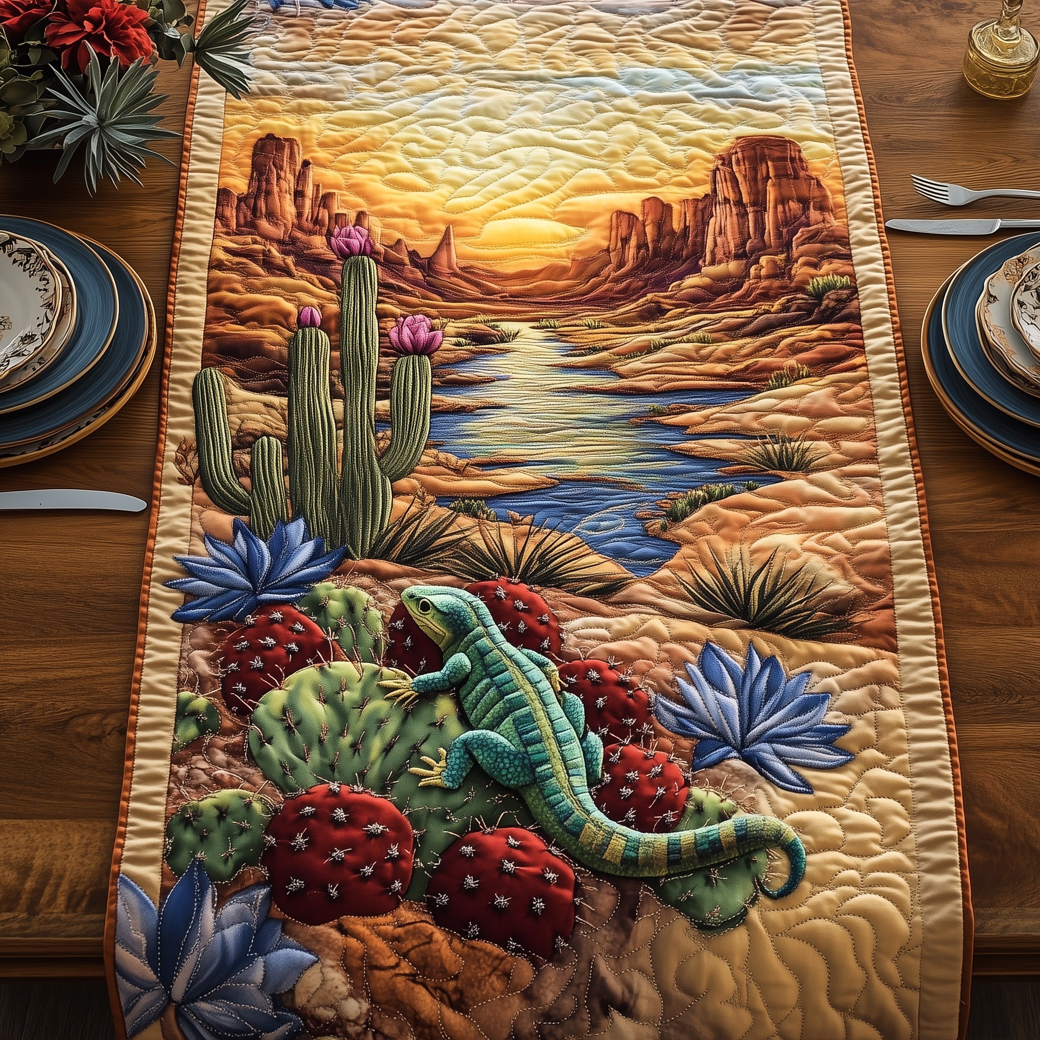 Golden Hour Lizard Quilted Table Runner Christmas Table Runner for Dining Room