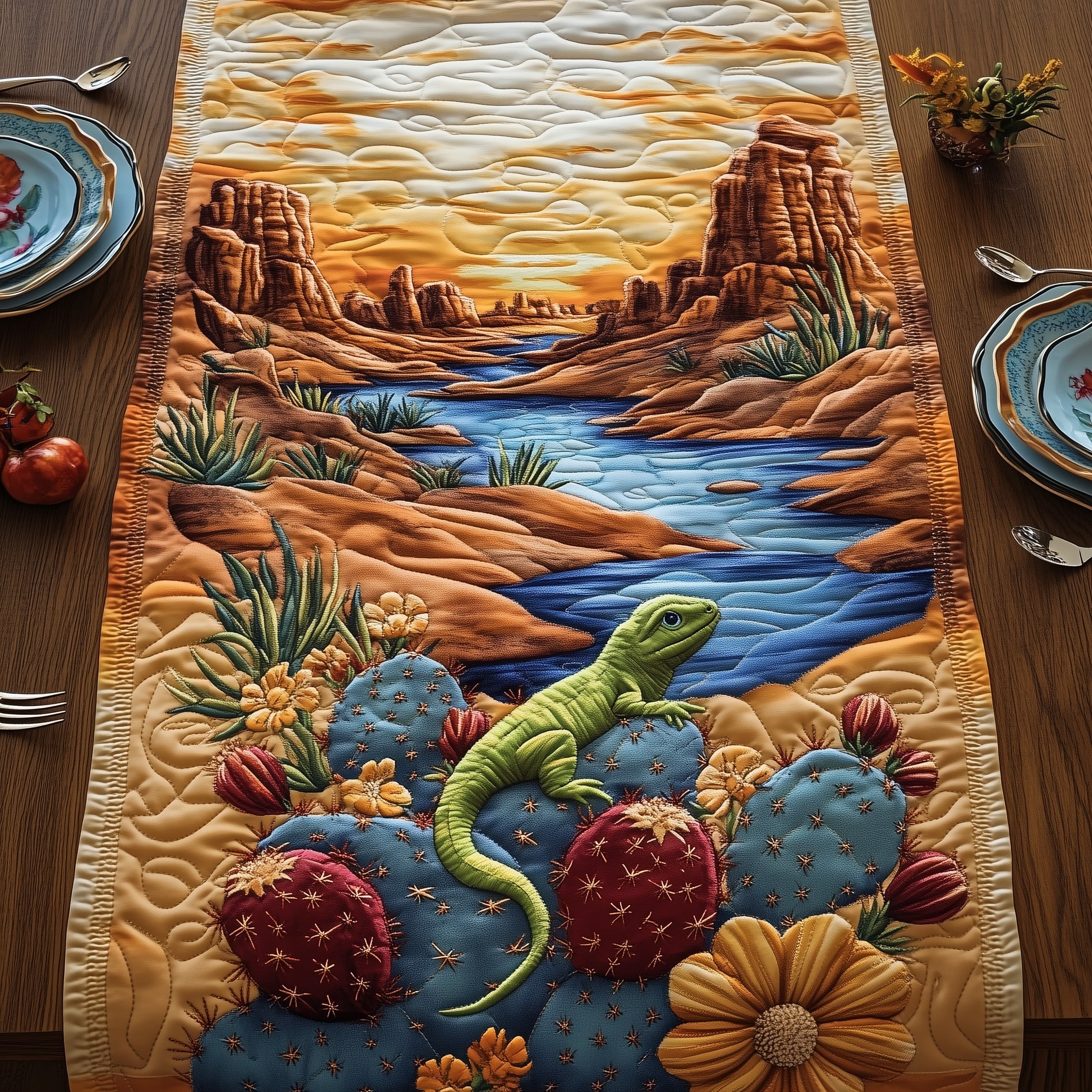 Golden Hour Lizard Quilted Table Runner Cozy Winter Table Runner for Home