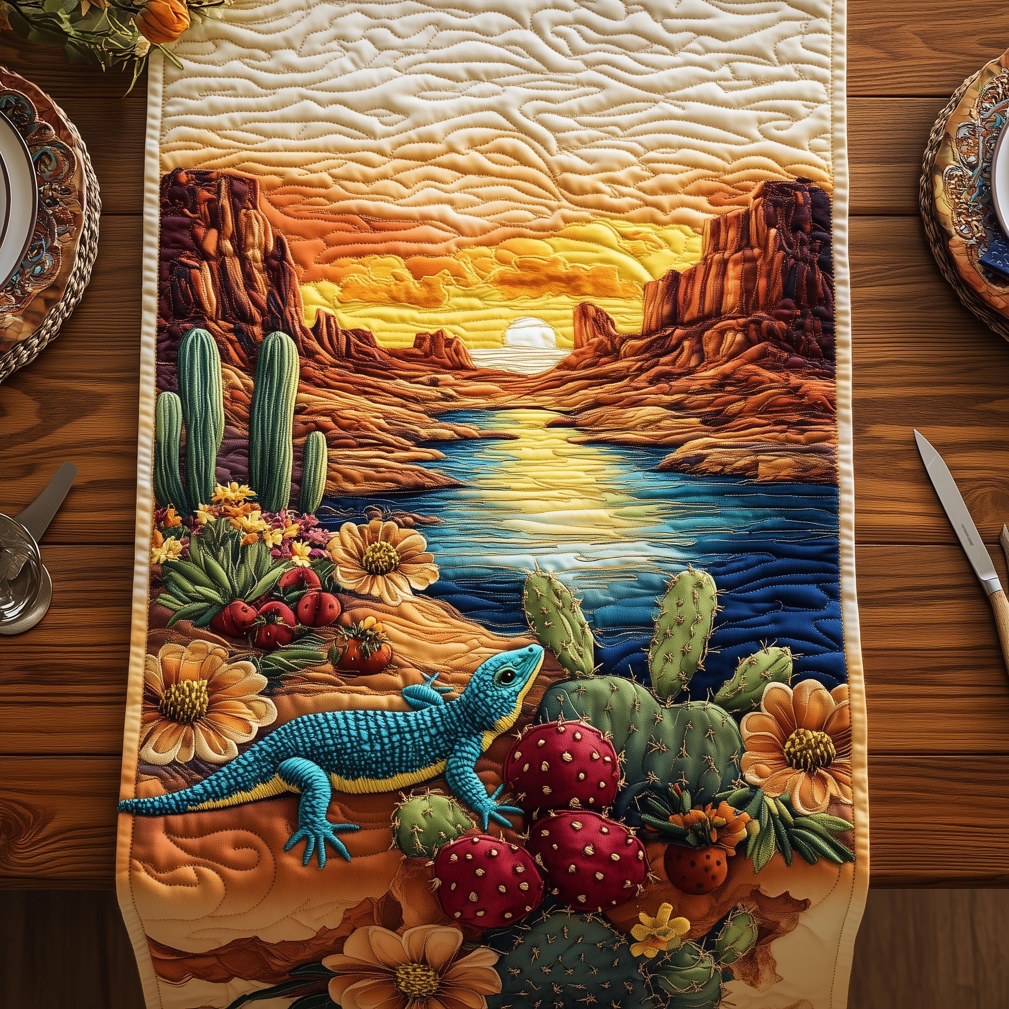 Golden Hour Lizard Quilted Table Runner Table Runner for Christmas Decor