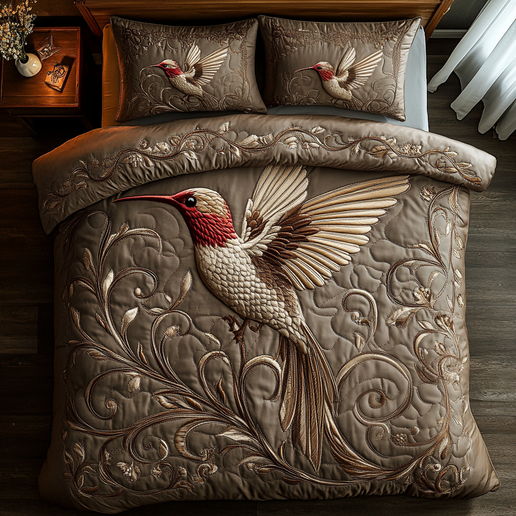 Golden Hummingbird Quilted Bedding Set Aesthetic Room Decor Unique Hummingbird Gifts