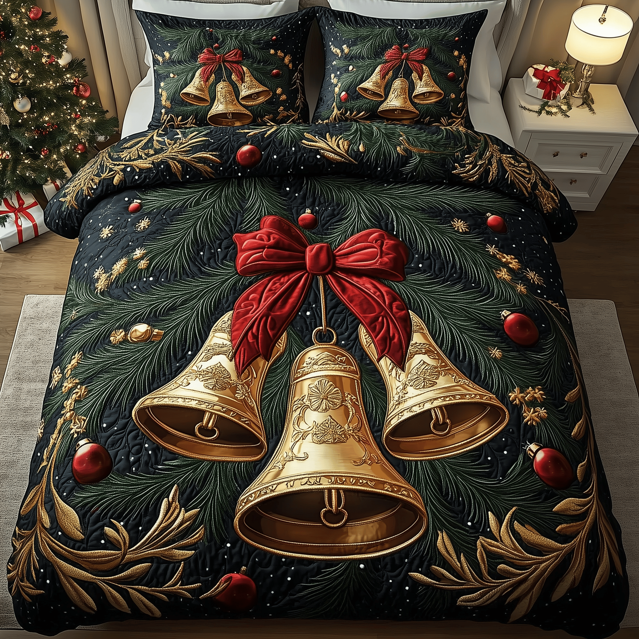 Golden Jingle Bell Quilted Bedding Set Best Christmas Gifts For Relatives