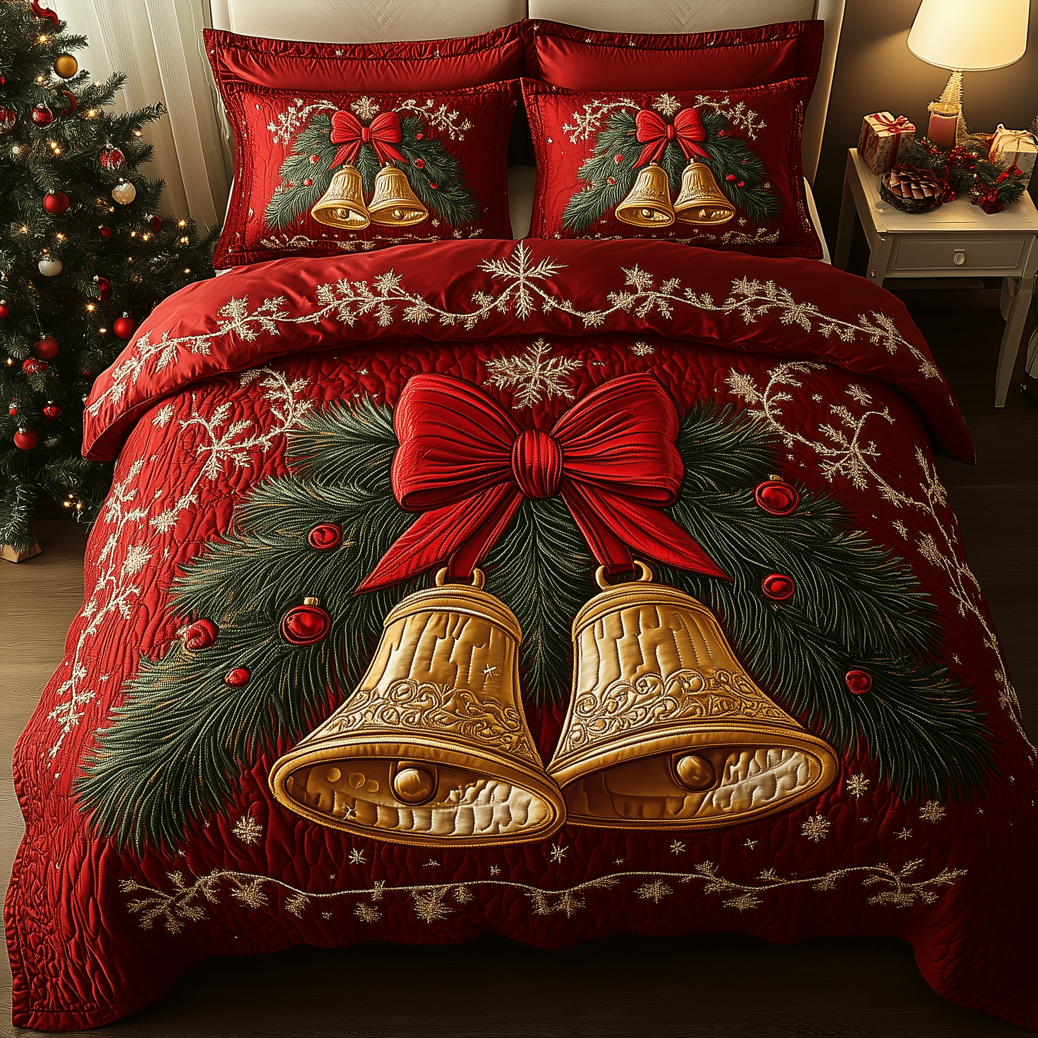 Golden Jingle Bell Quilted Bedding Set Best Family Xmas Gifts