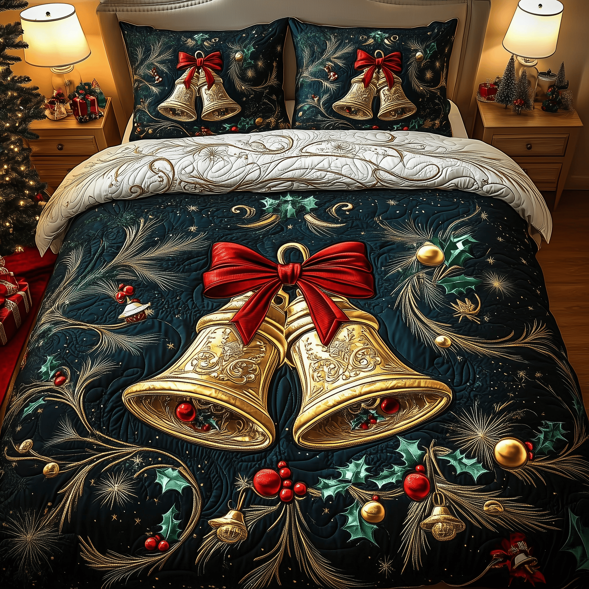 Golden Jingle Bell Quilted Bedding Set Good Family Christmas Present