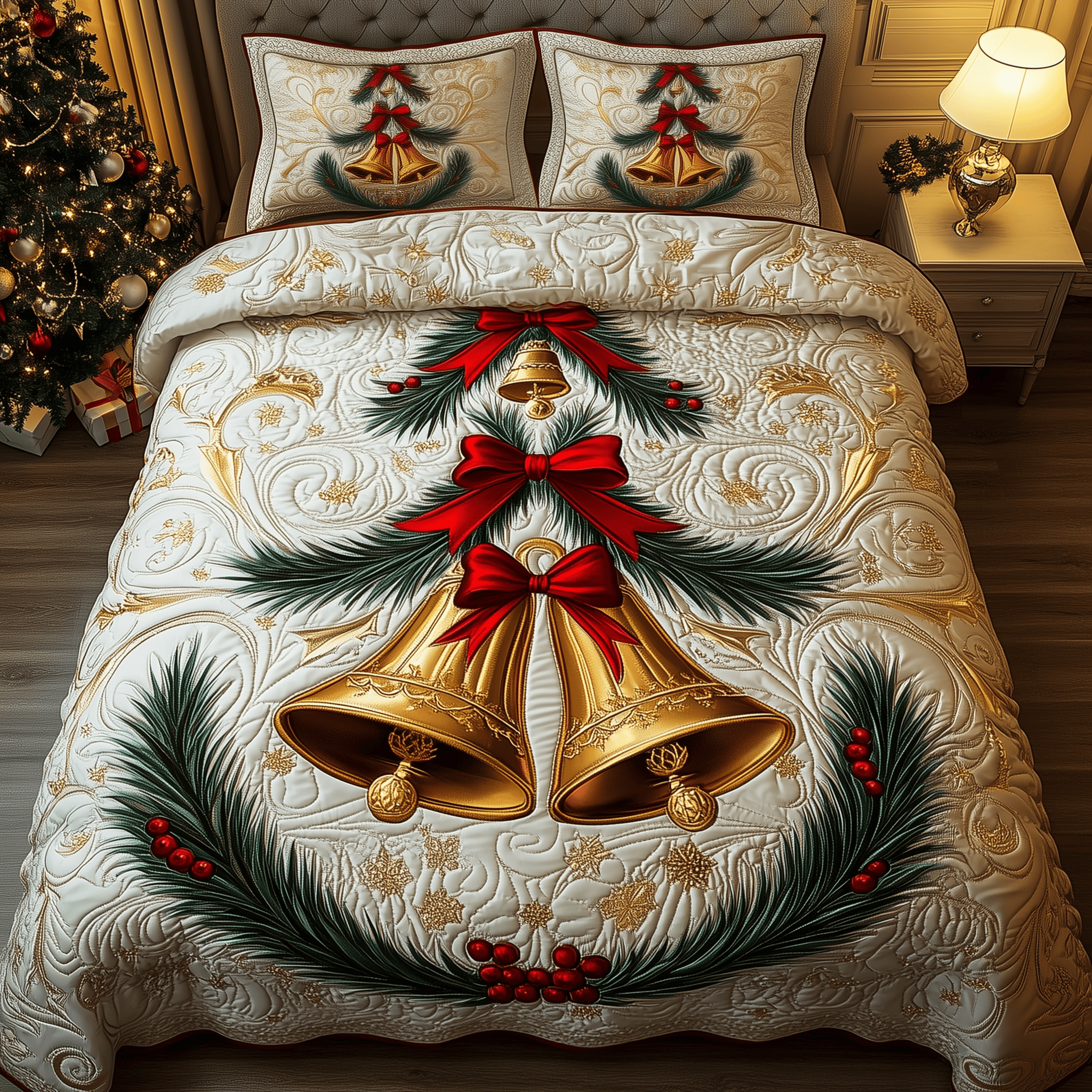 Golden Jingle Bell Quilted Bedding Set Good Family Christmas Presents