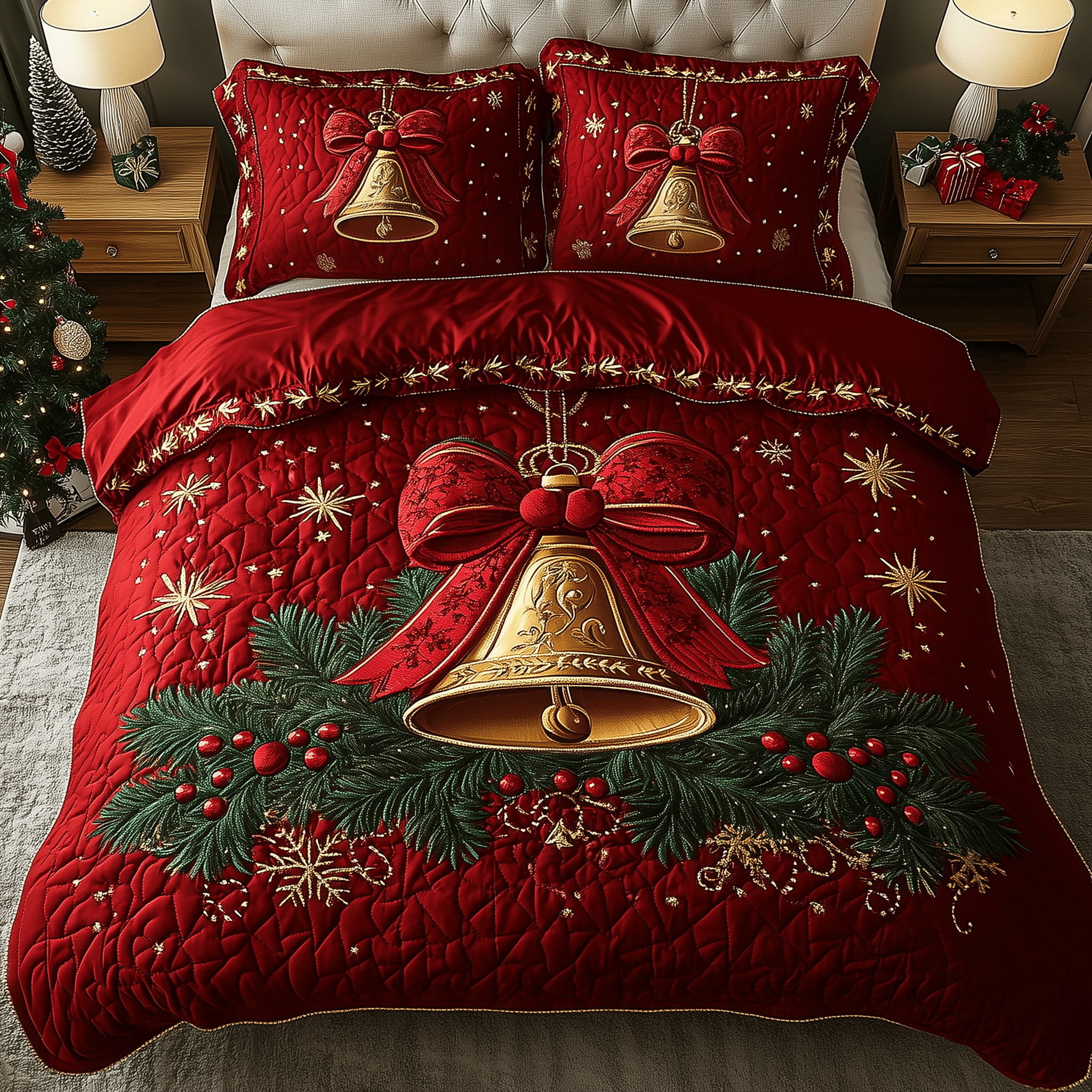 Golden Jingle Bell Quilted Bedding Set Great Family Xmas Gifts