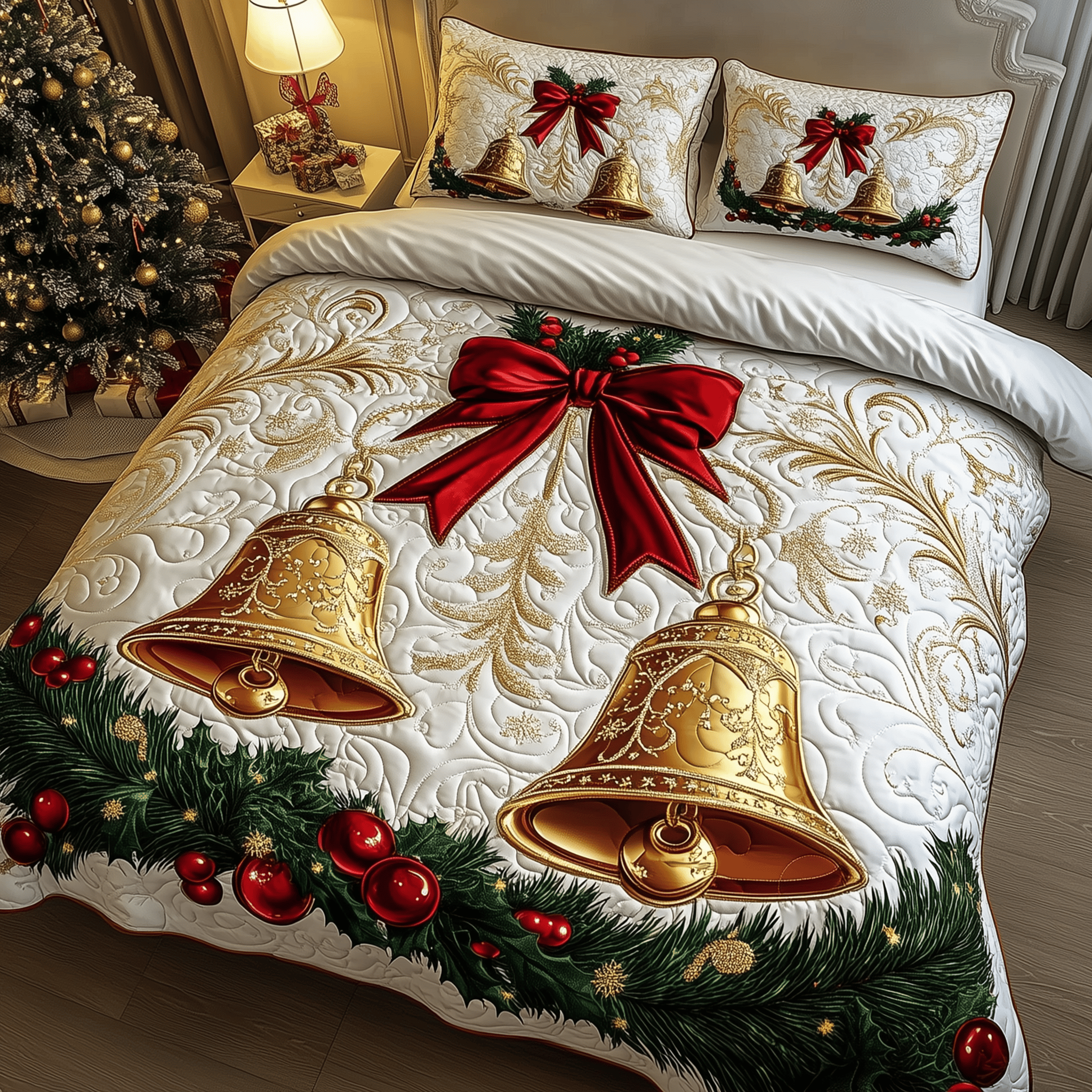 Golden Jingle Bell Quilted Bedding Set Nice Family Christmas Gifts