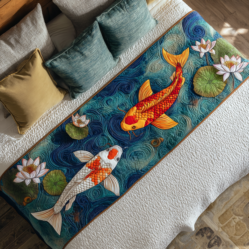 Golden Koi Quilted Bed Runner Bed Decor Koi Birthday Gift