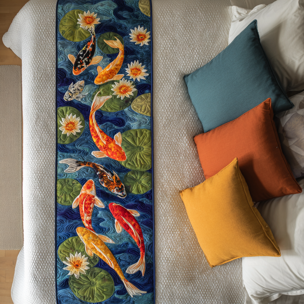 Golden Koi Quilted Bed Runner Cozy Bedroom Decor Koi Fish Merchandise Items