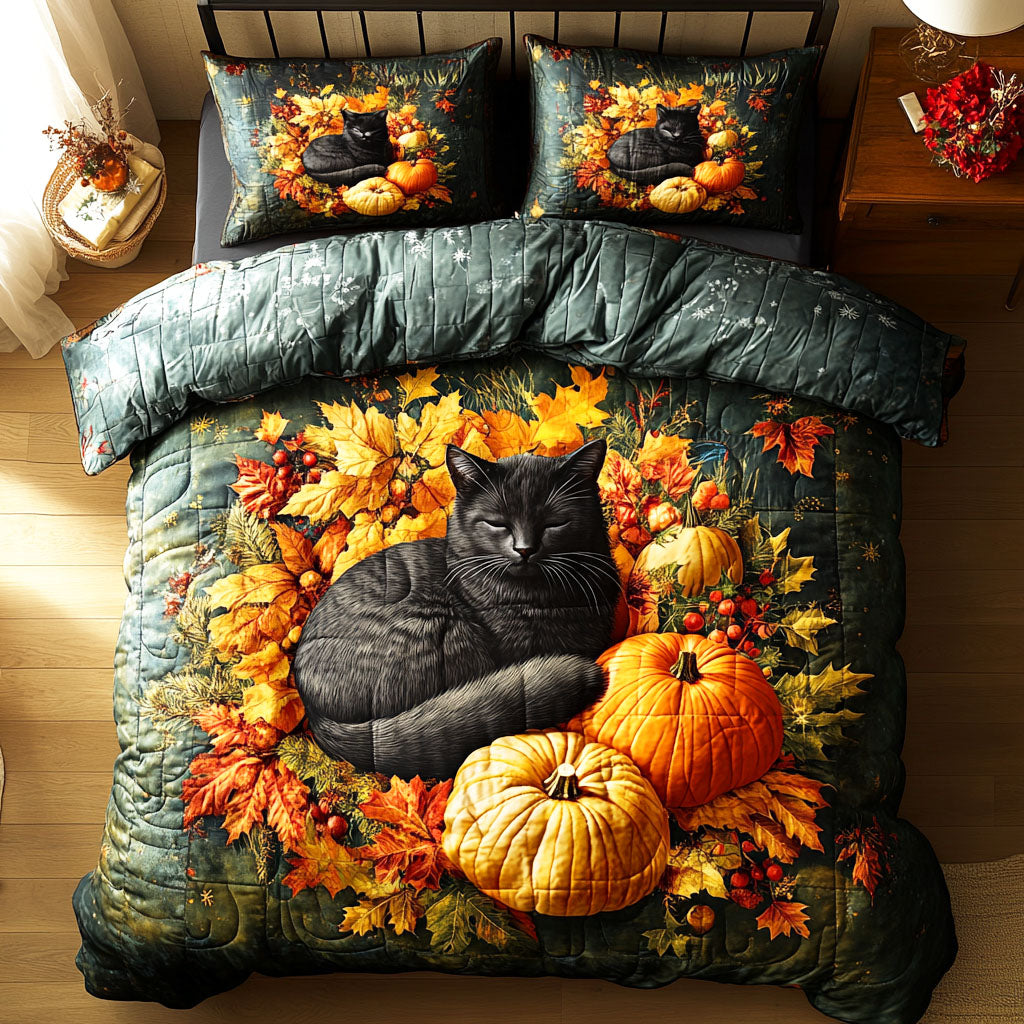 Golden Leaf Cat Quilted Bedding Set Bed Room Decoration Fun Fall Gift Idea