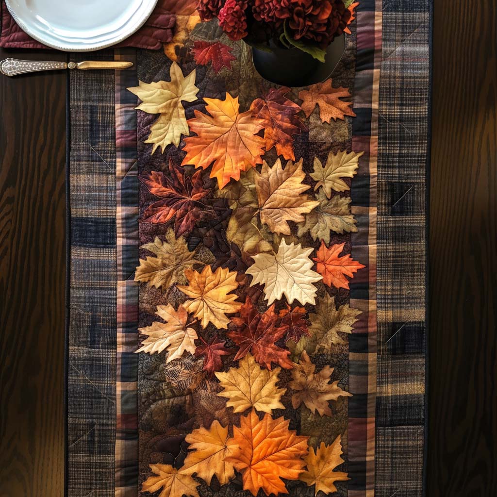 Golden Leaf Dance Quilted Table Runner Autumn Table Cover Unique Gifts For Family