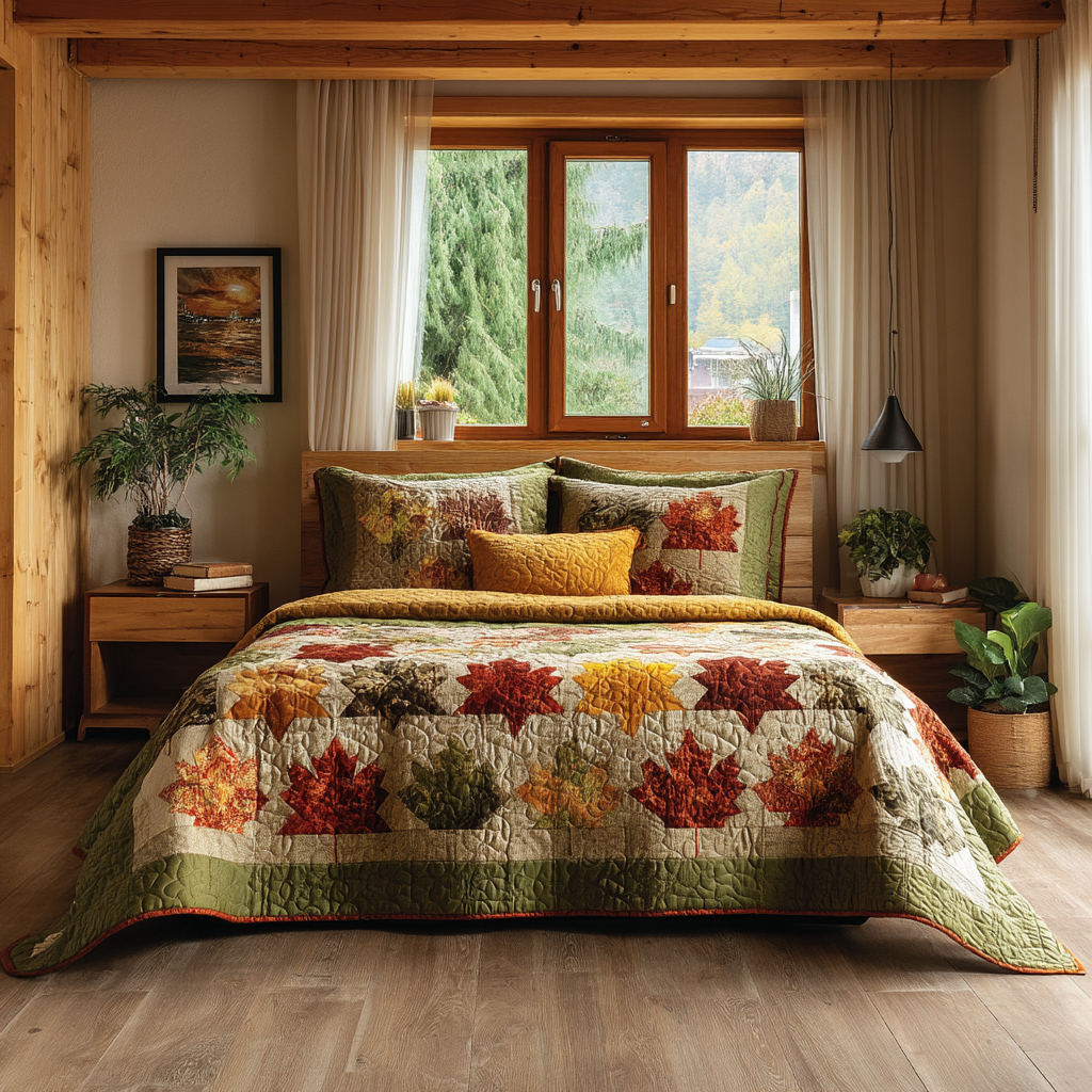 Golden Leaves Quilted Bedding Set Luxury Duvet Cover Set for Elegant Bedroom Decor