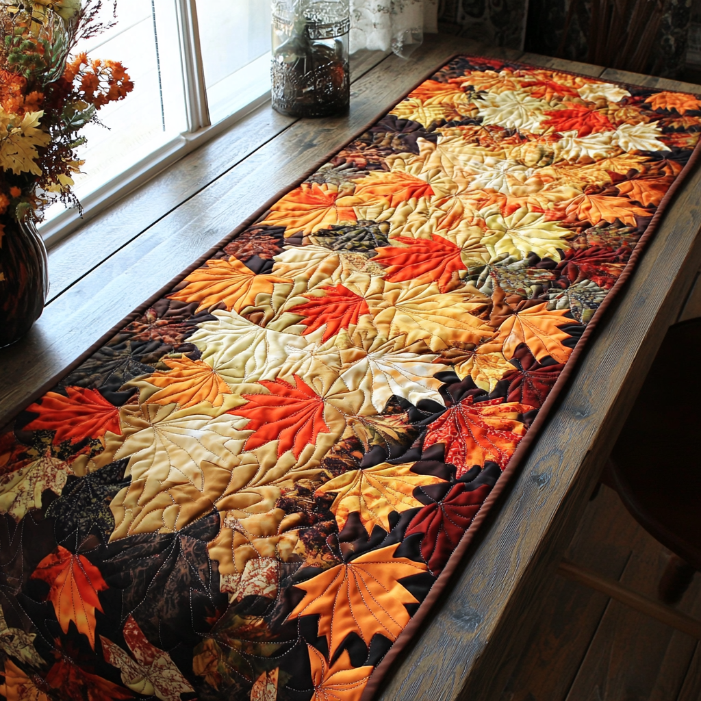 Golden Leaves Quilted Table Runner Autumn Table Cover Unique Gifts For Family