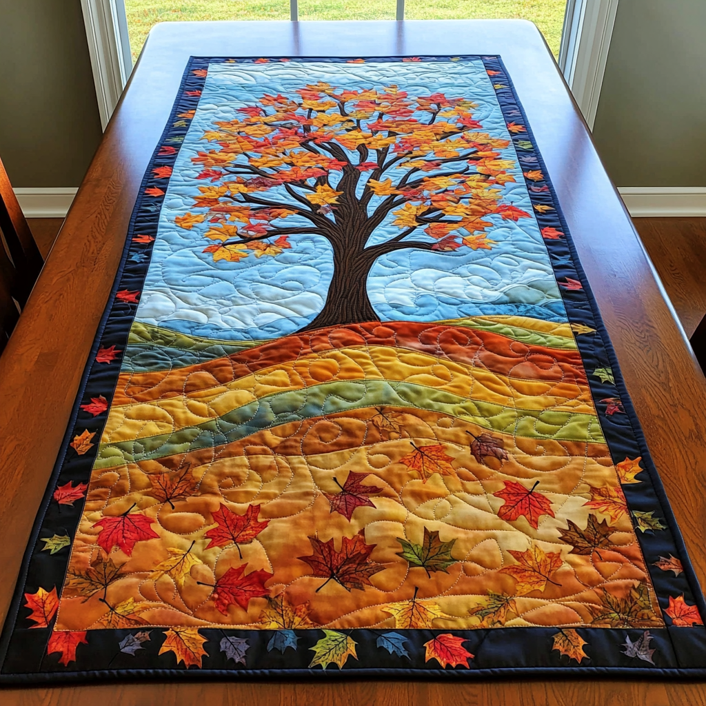Golden Leaves Quilted Table Runner Fall Themed Table Runners Gift Idea For Mother In Law