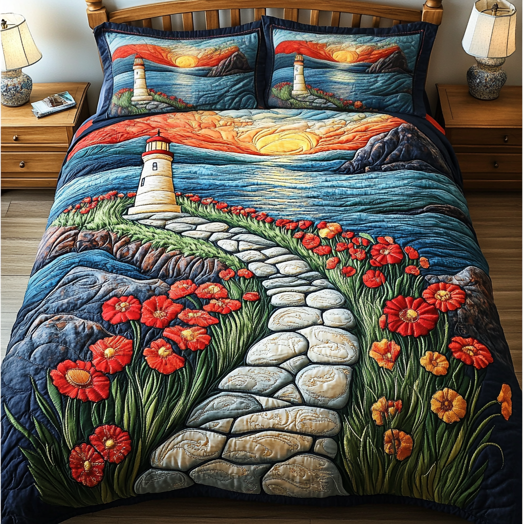 Golden Lighthouse Quilted Bedding Set Lightweight Duvet Cover Set for Year-Round Comfort