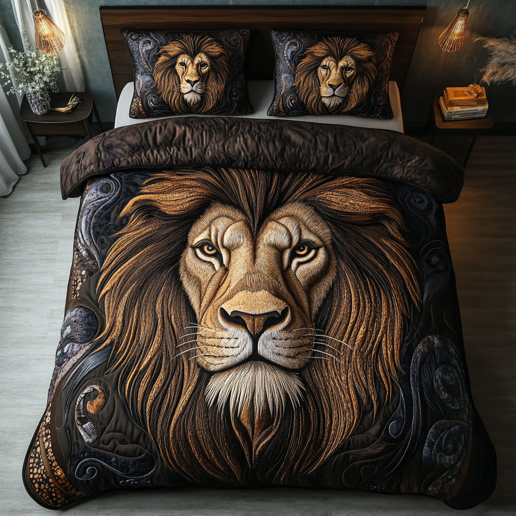 Golden Mane Quilted Bedding Set Best Comforter Sets Lion Gifts For Men