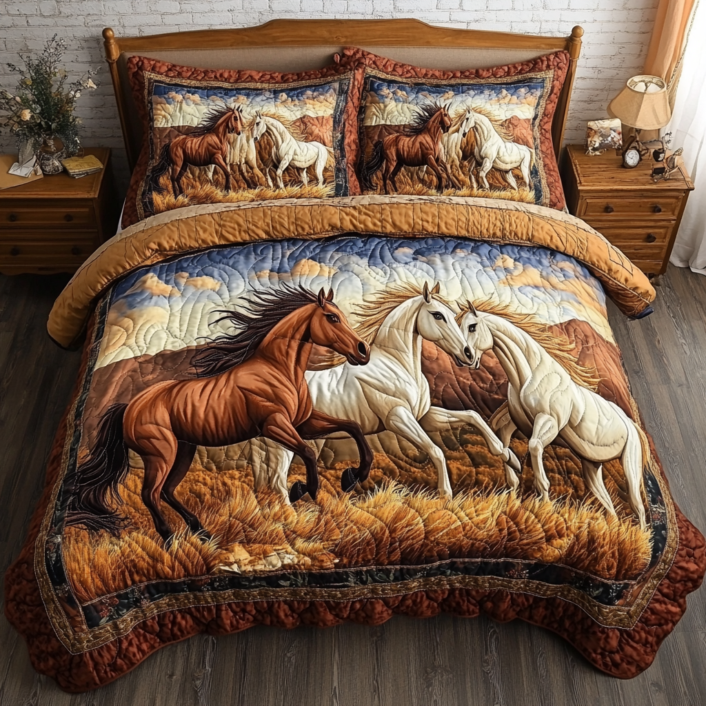 Golden Mane Quilted Bedding Set Cool Bedroom Decor Horse Themed Gifts For Adults