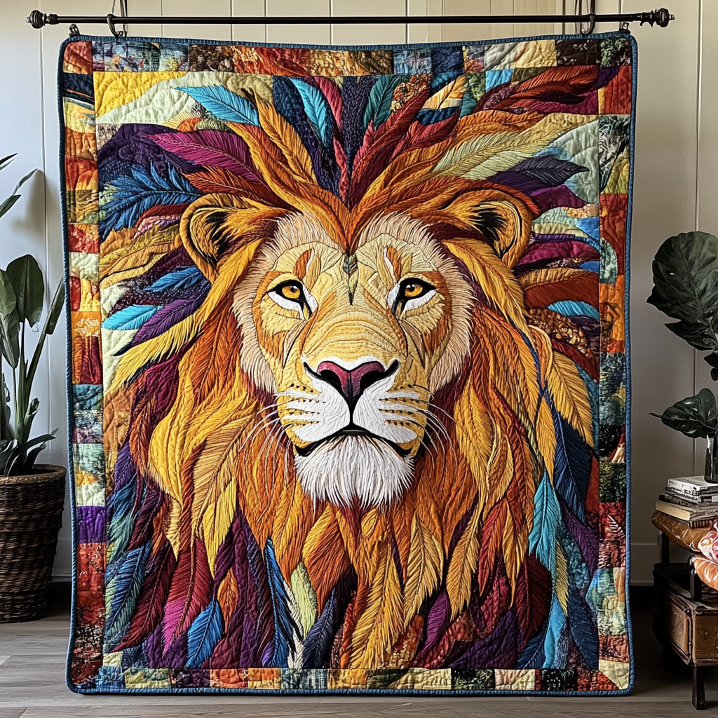 Golden Mane Quilted Blanket Winter Decor Blanket Unique Lion Gifts