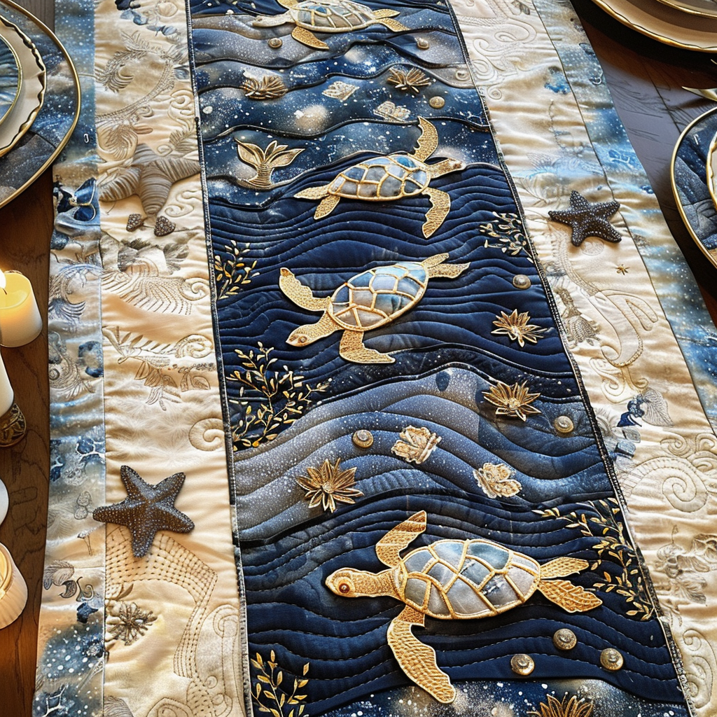 Golden Mariner Quilted Table Runner Dining Table Decor Christmas Presents For Sea Turtle Lovers