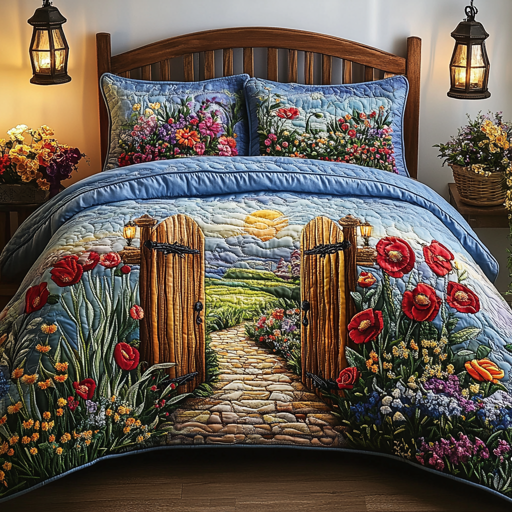 Golden Meadow Quilted Bedding Set Aesthetic Room Decor Gifts For Flower Enthusiasts