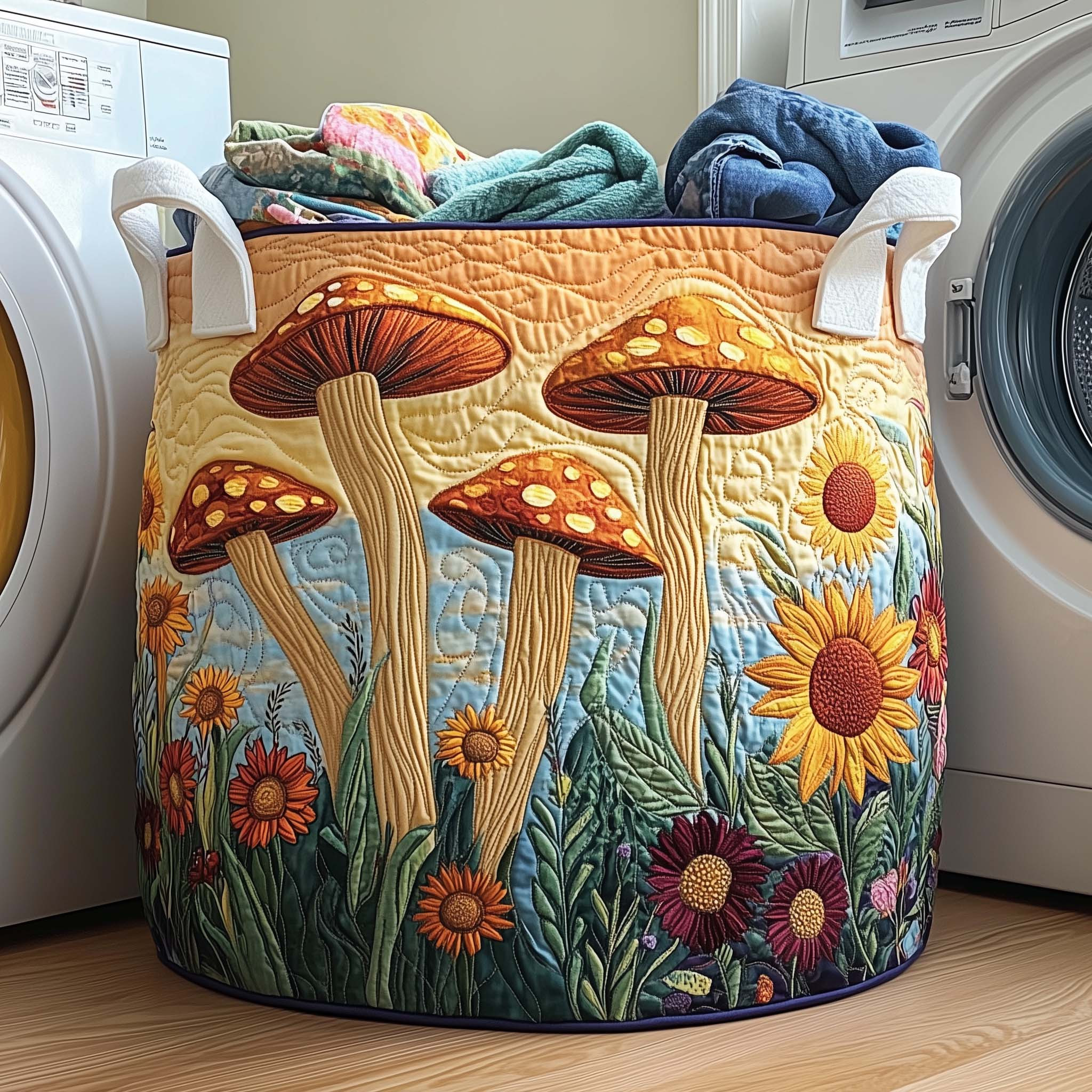 Golden Meadow Quilted Laundry Basket Neutral Home Decor Unique Gifts For Mushroom Lovers