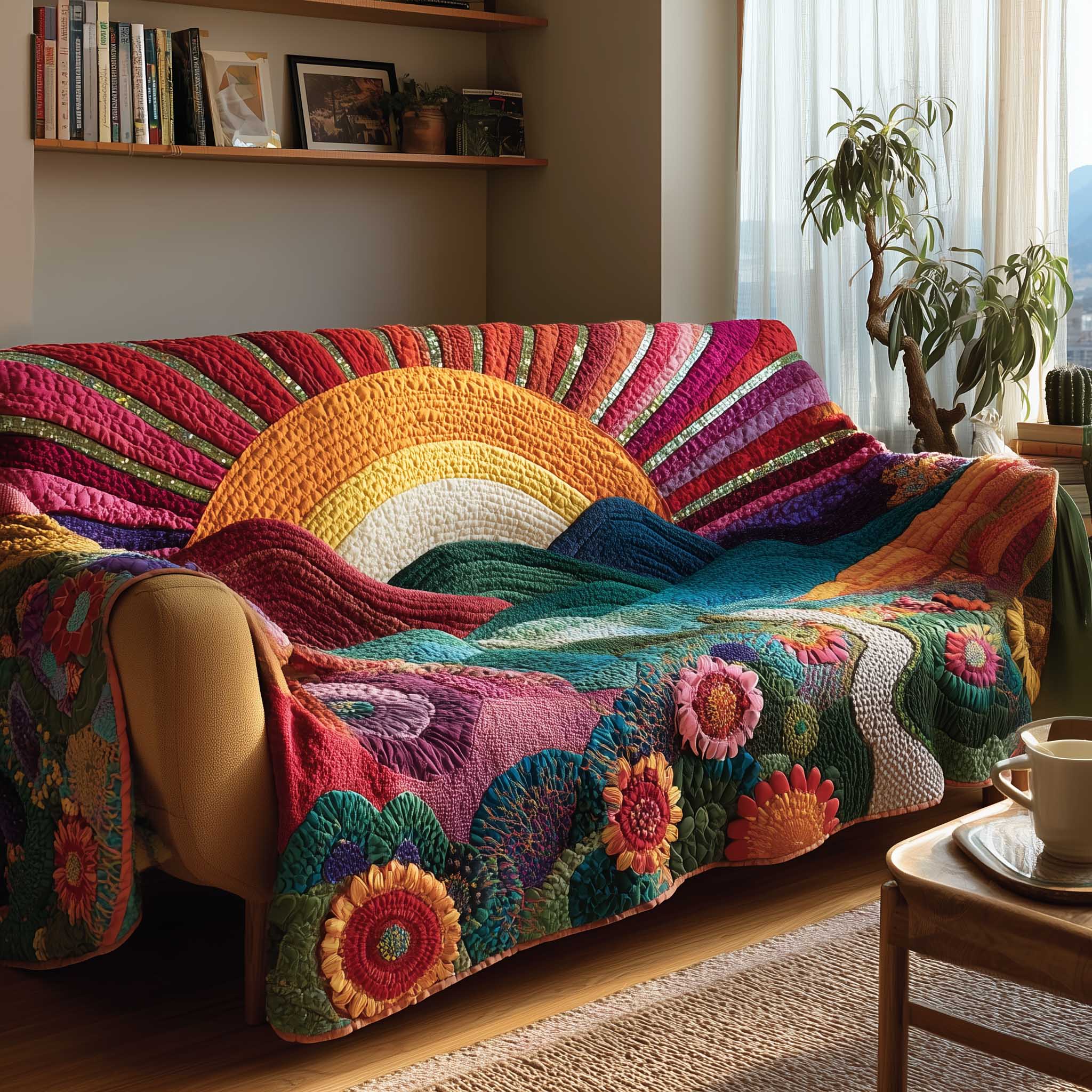 Golden Meadow Quilted Sofa Cover Sunny Field Floral Design Gifts For Your Hippie Friend