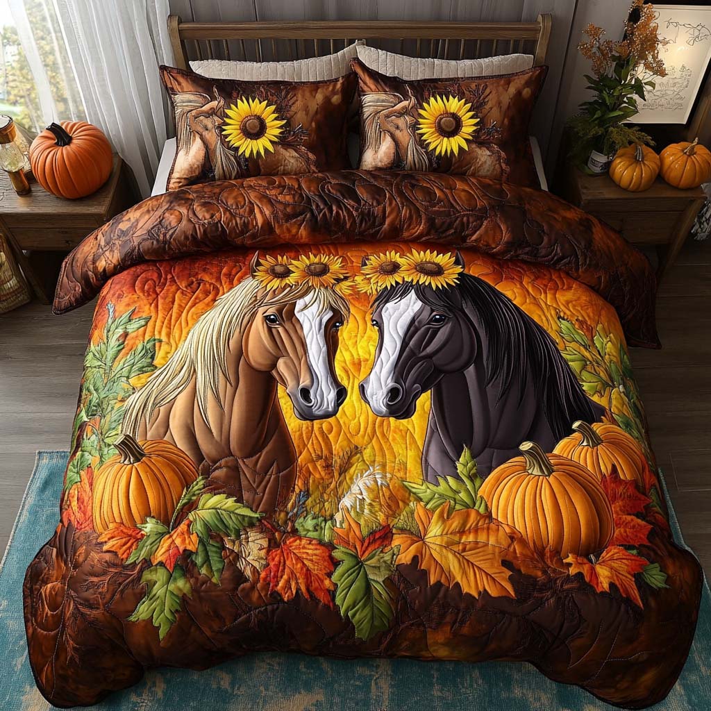 Golden Meadows Quilted Bedding Set Autumn Themed Bed Sheets Unique Horse Gifts For Ladies