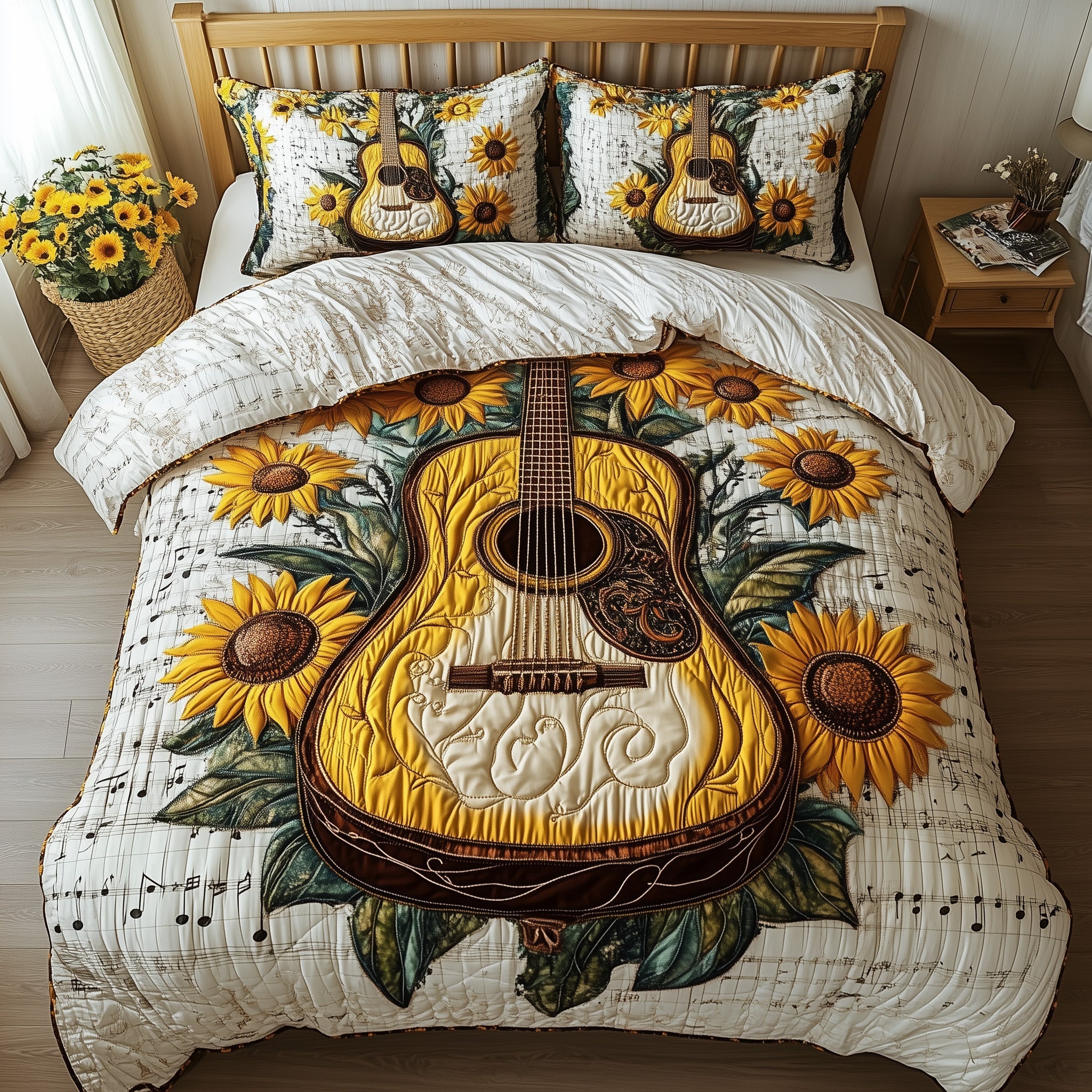 Golden Melody Quilted Bedding Set Duvet Cover Bed Sheet Best Gift Ideas For Guitar Players