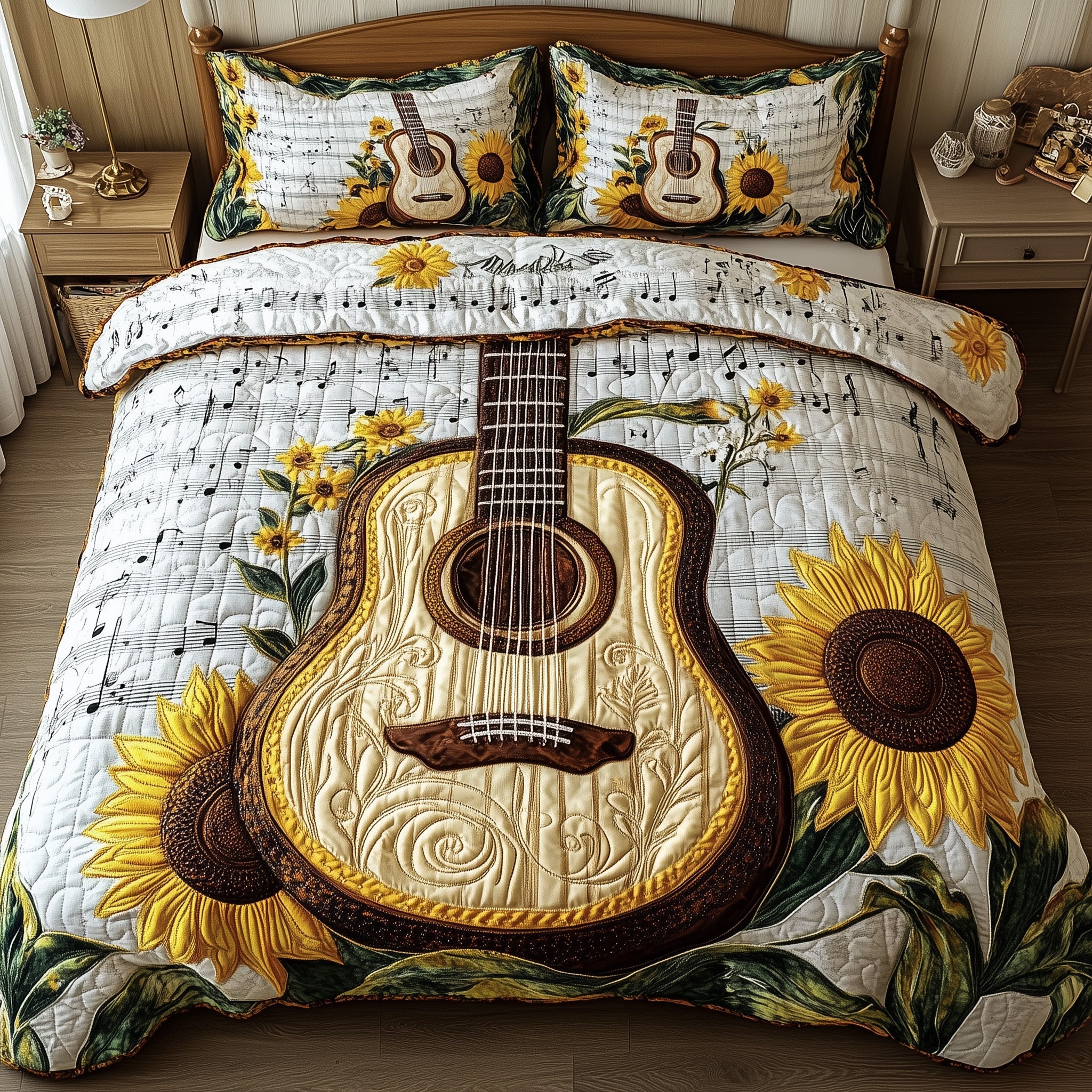 Golden Melody Quilted Bedding Set Duvet Cover Bed Sheet Birthday Presents For Guitar Players
