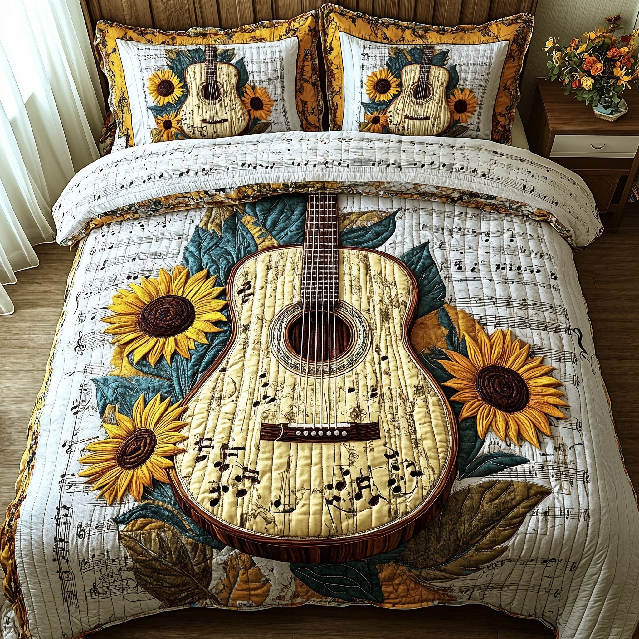 Golden Melody Quilted Bedding Set Duvet Cover Bed Sheet Great Gift For Guitar Player