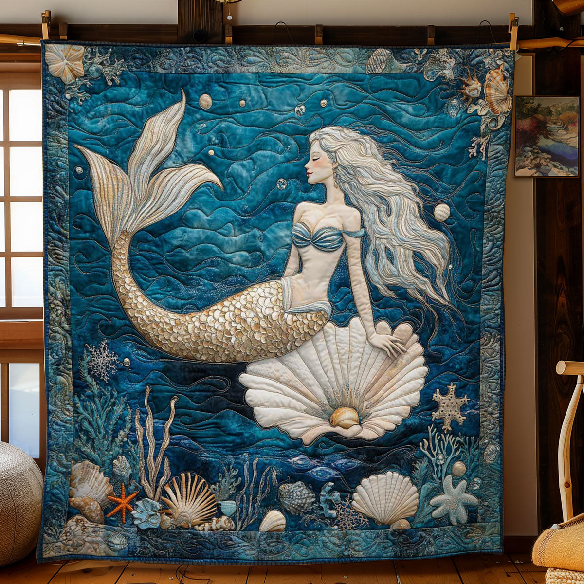 Golden Mermaid Quilt Beautiful Printed Quilt Blanket for Home Aesthetics