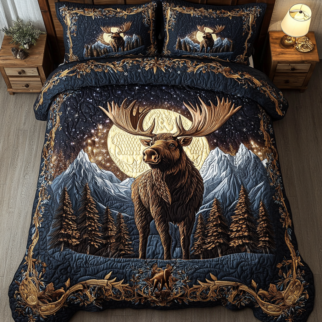 Golden Moose Quilted Bedding Set Duvet Cover Bed Sheet Set Moose Themed Gifts