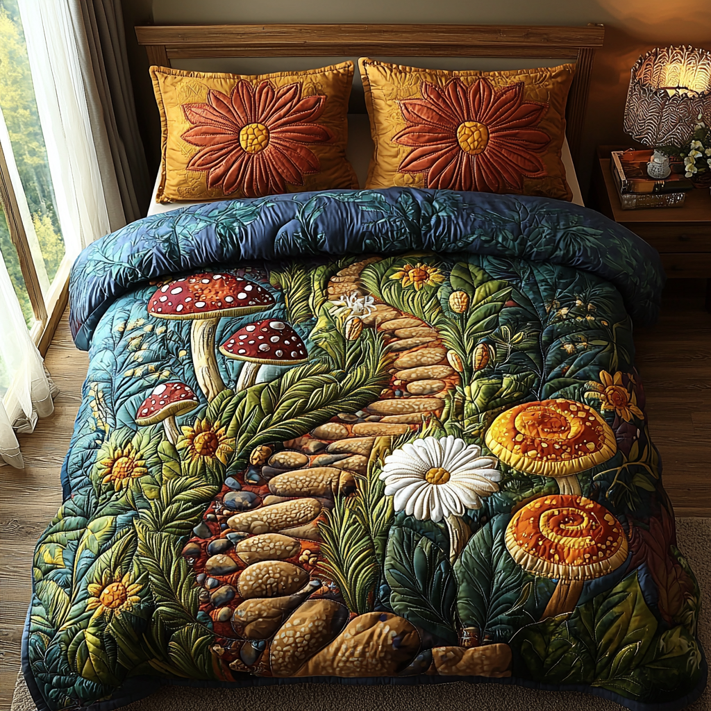 Golden Mushroom Path Quilted Bedding Set Forest Bedroom Decor Ideas Christmas Gifts For Family And Friends