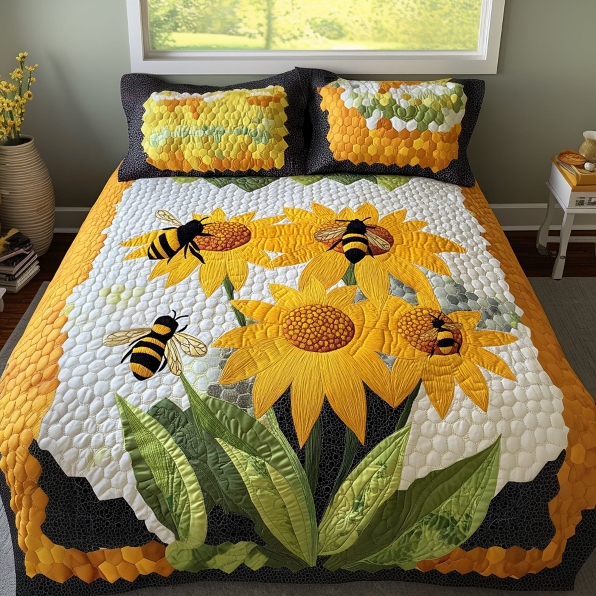 Golden Nectar Quilted Bedding Set Bed Decor Bee Related Gifts