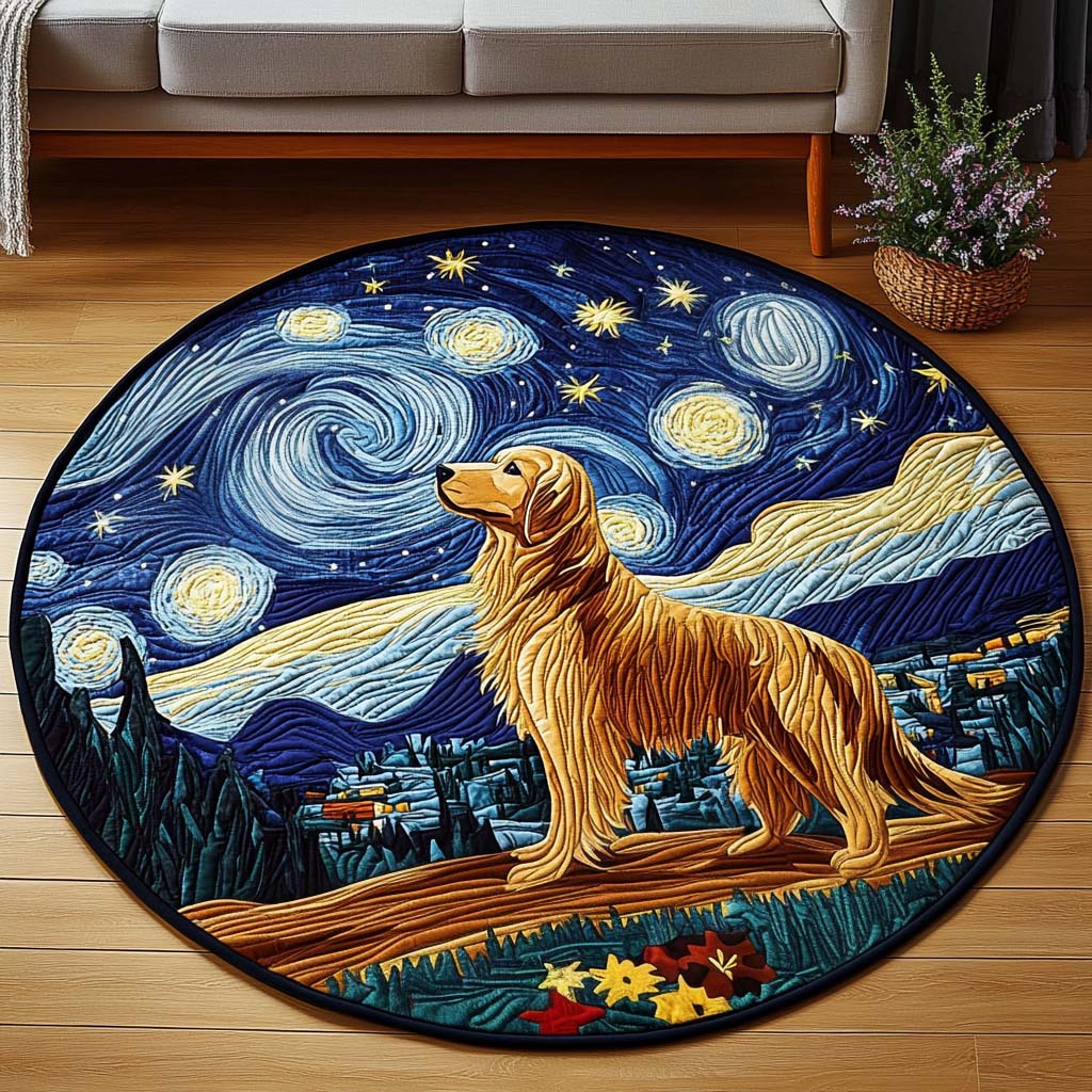 Golden Night Dreams Quilted Round Mat Entryway Decor Xmas Gift For Dog Lover