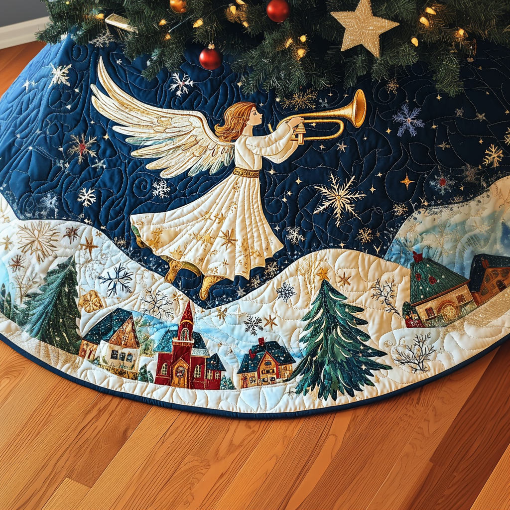 Golden Notes Christmas Quilted Tree Skirt Lovely Gift Merch for a Festive Home