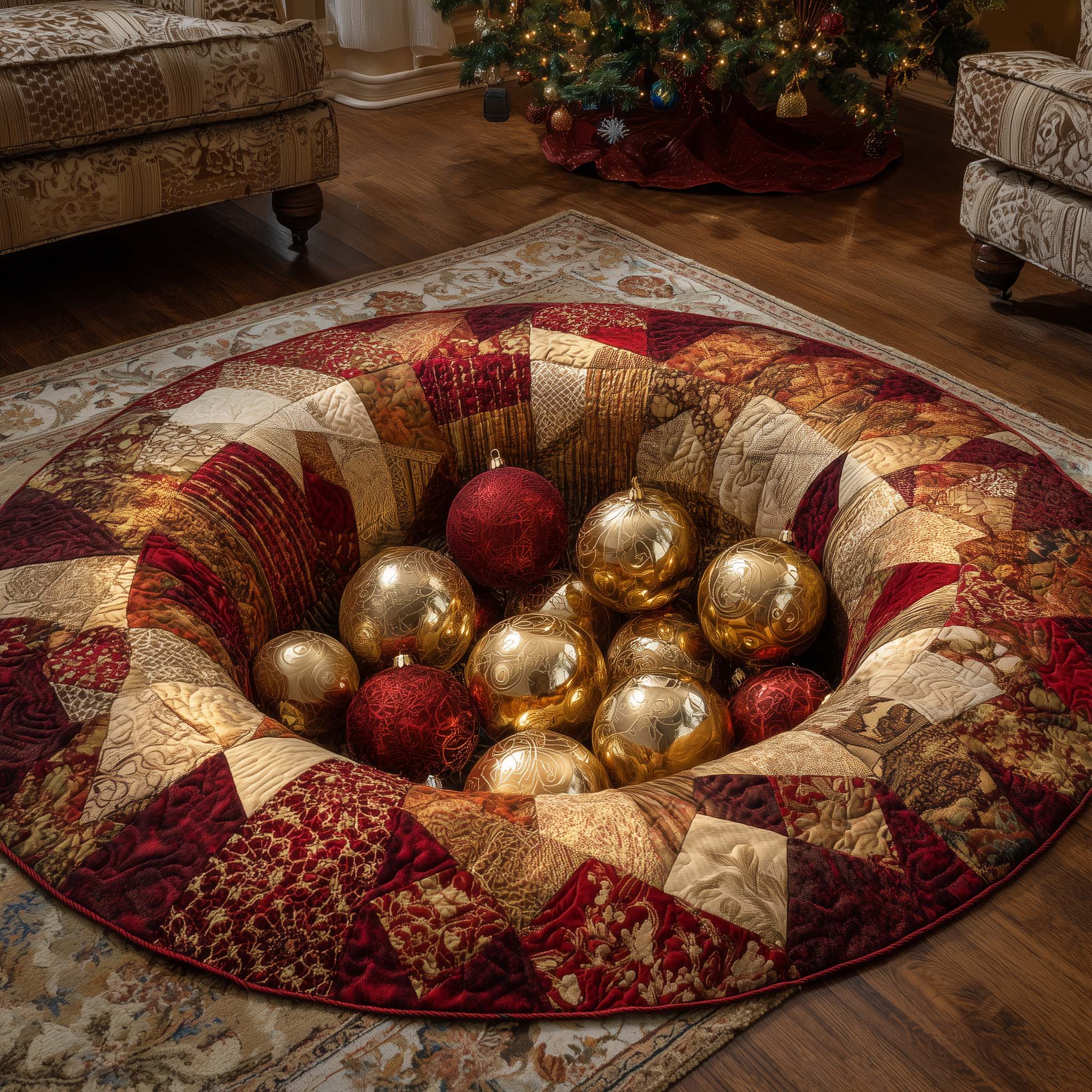 Golden Ornament Pit Quilted Round Mat Unique Quilted Round Mat for Modern Interiors