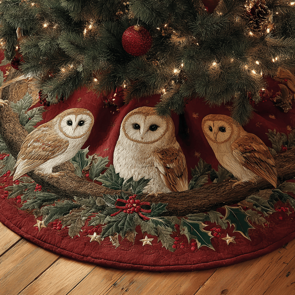Golden Owl Christmas Quilted Tree Skirt Festive Decor Christmas Gifts For Owl Lovers