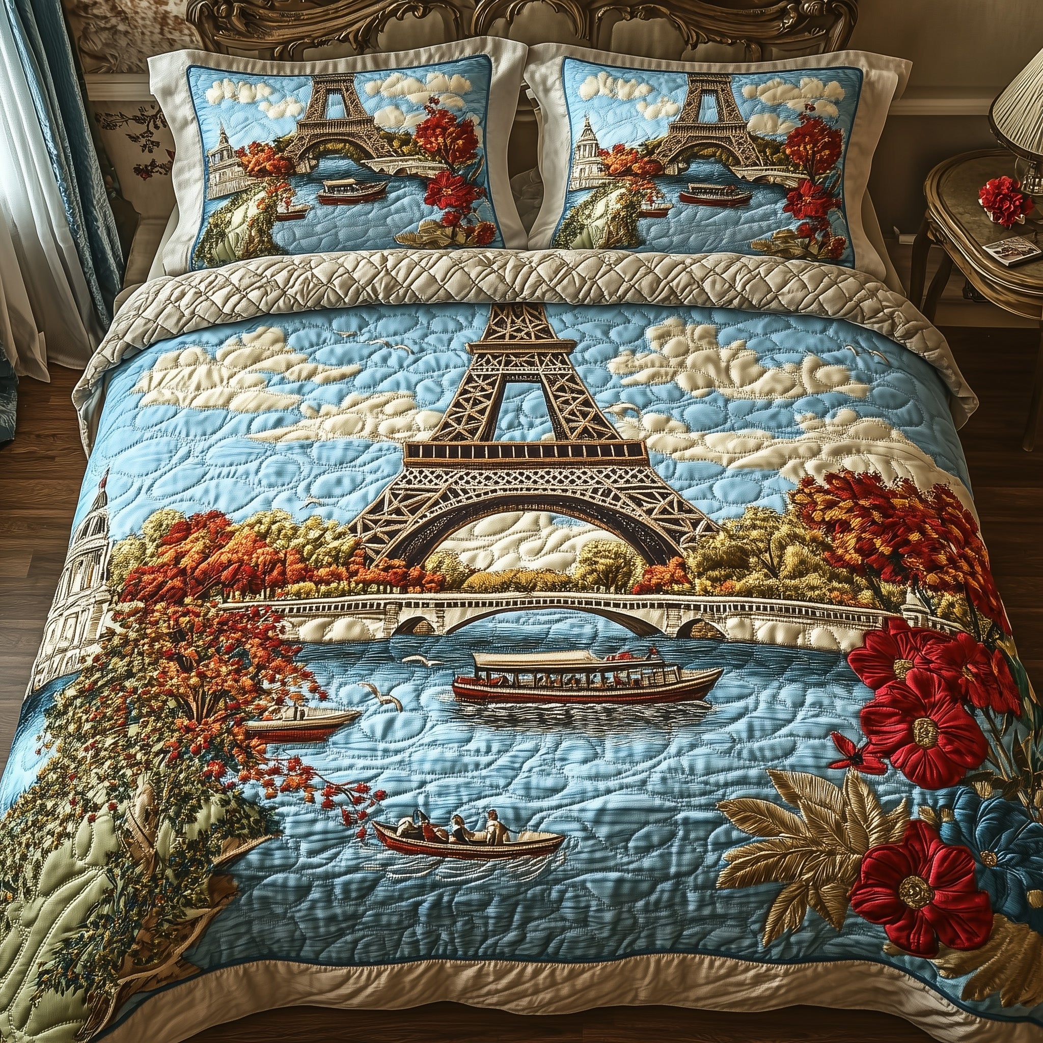 Golden Paris Glow Quilted Bedding Set Linen Blend
