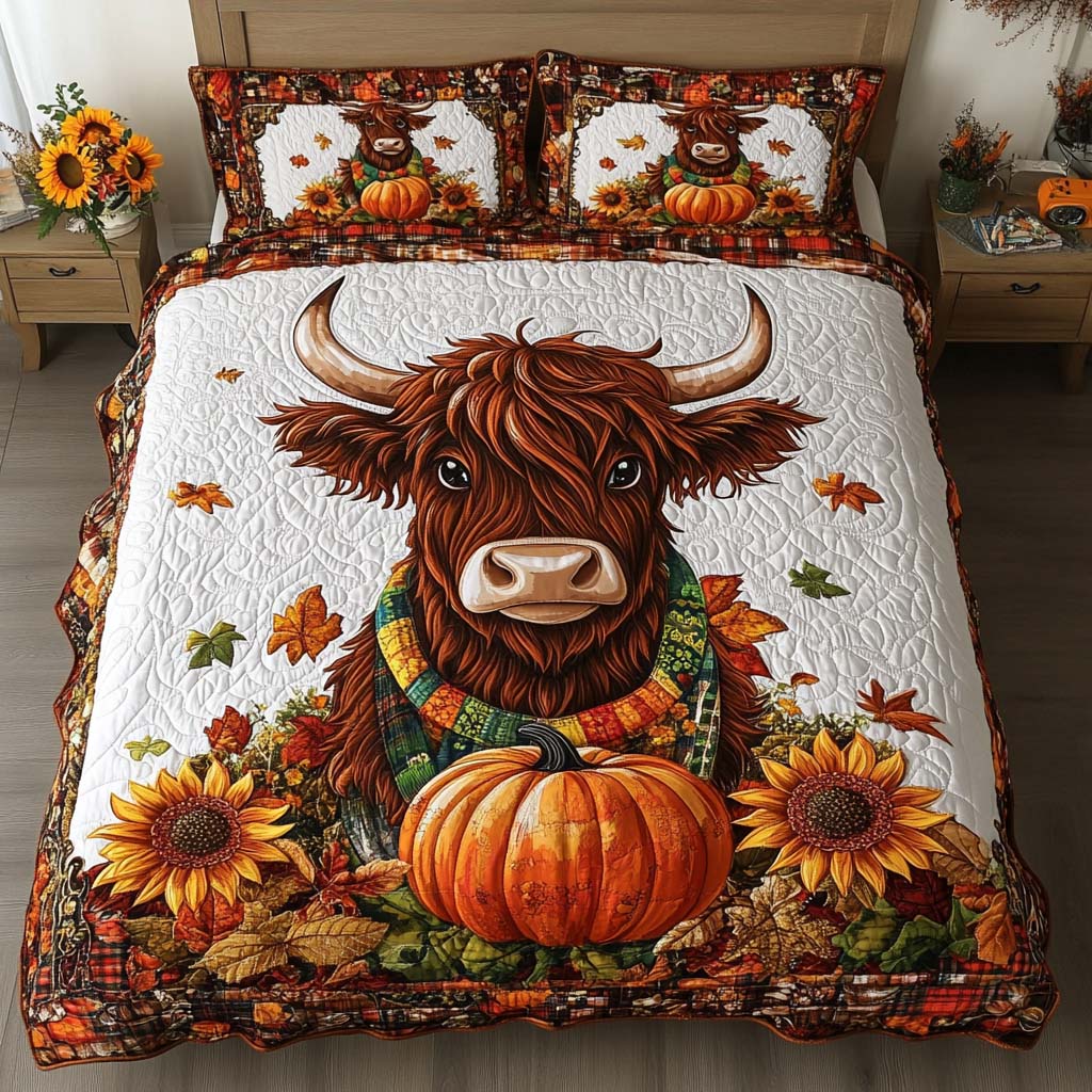 Golden Pasture Quilted Bedding Set Autumn Sheet Set Highland Cow Gift Ideas