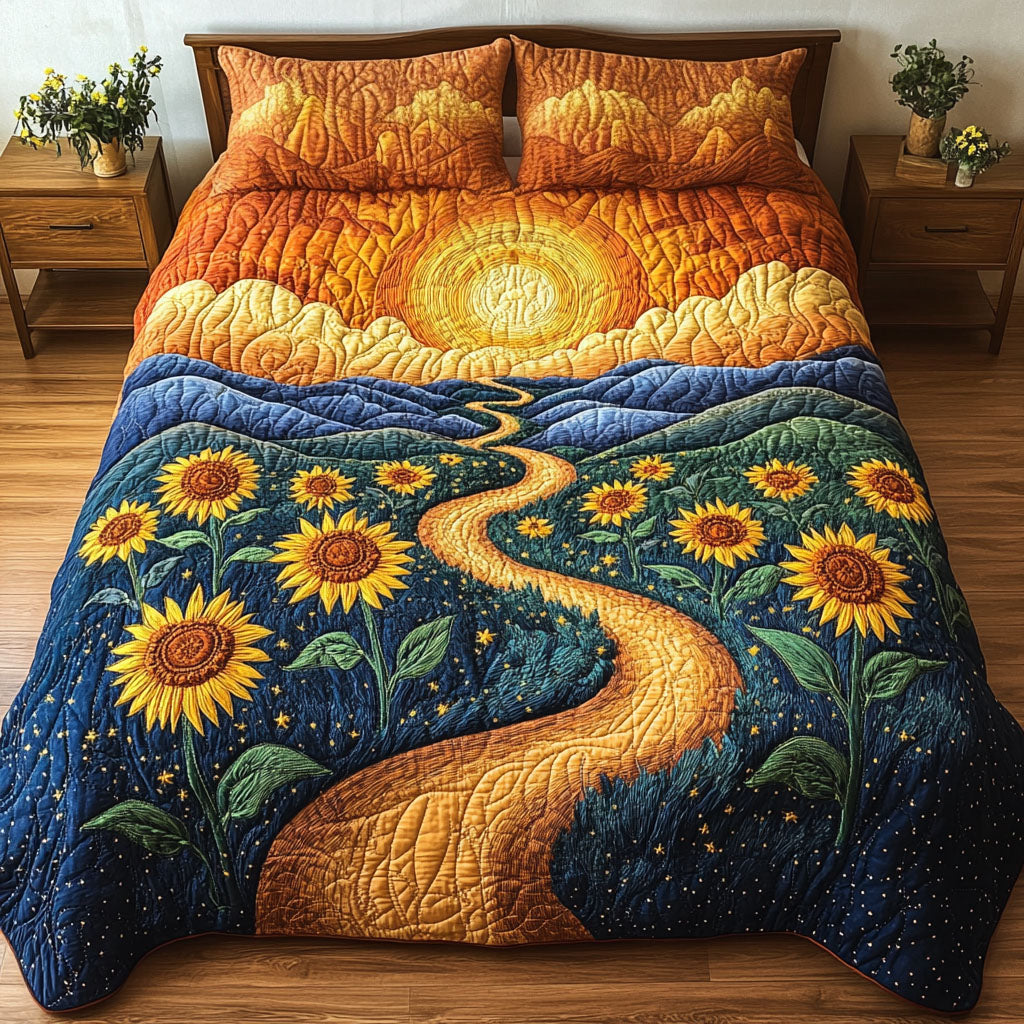 Golden Path to Sun Quilted Bedding Set Aesthetic Room Decor Gifts For Sunflower Lovers