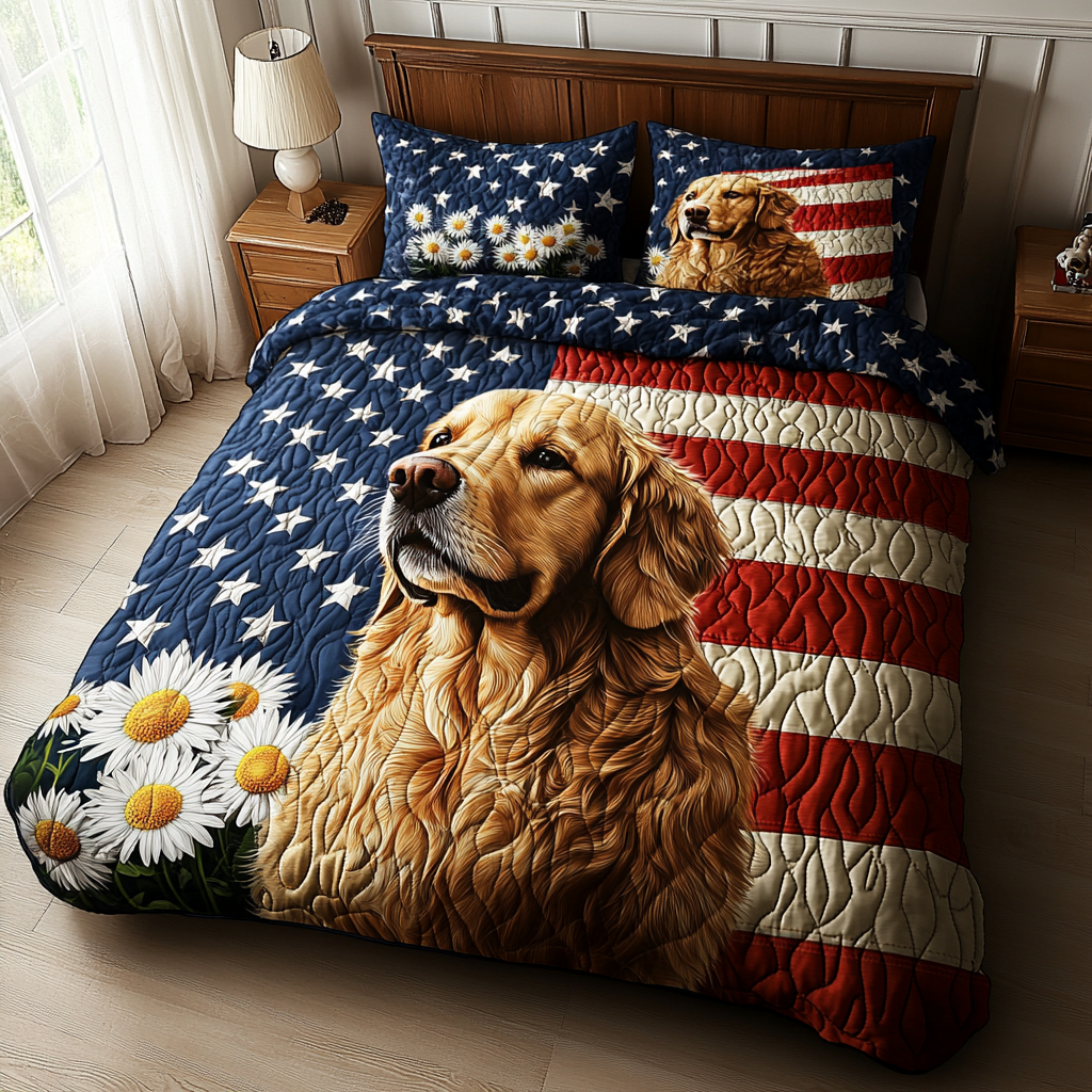 Golden Patriot Quilted Bedding Set Bedroom Decor Gifts For Golden Retriever Owners