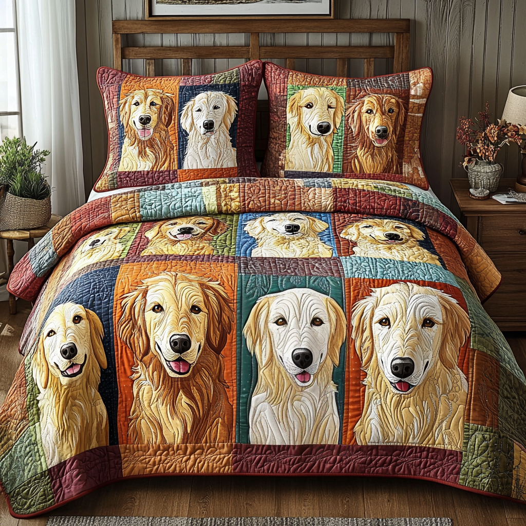Golden Paws Quilted Bedding Set Cute Bedroom Decor Golden Retriever Themed Gifts