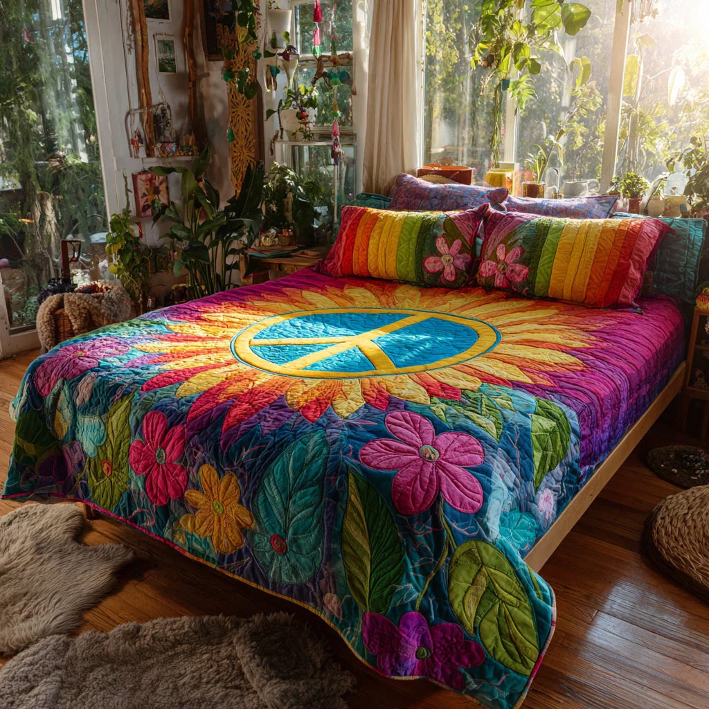 Golden Peace Floral 3-Piece Quilted Bedding Set Hippie Yellow Bedspread Best Gift For Peace Fans