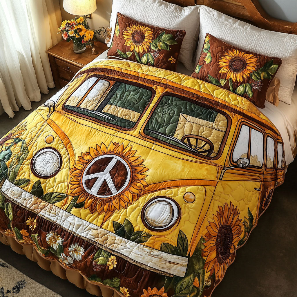 Golden Peace Van Quilted Bedding Set Bed Decor Ideas Birthday Gift For Hippie Friend