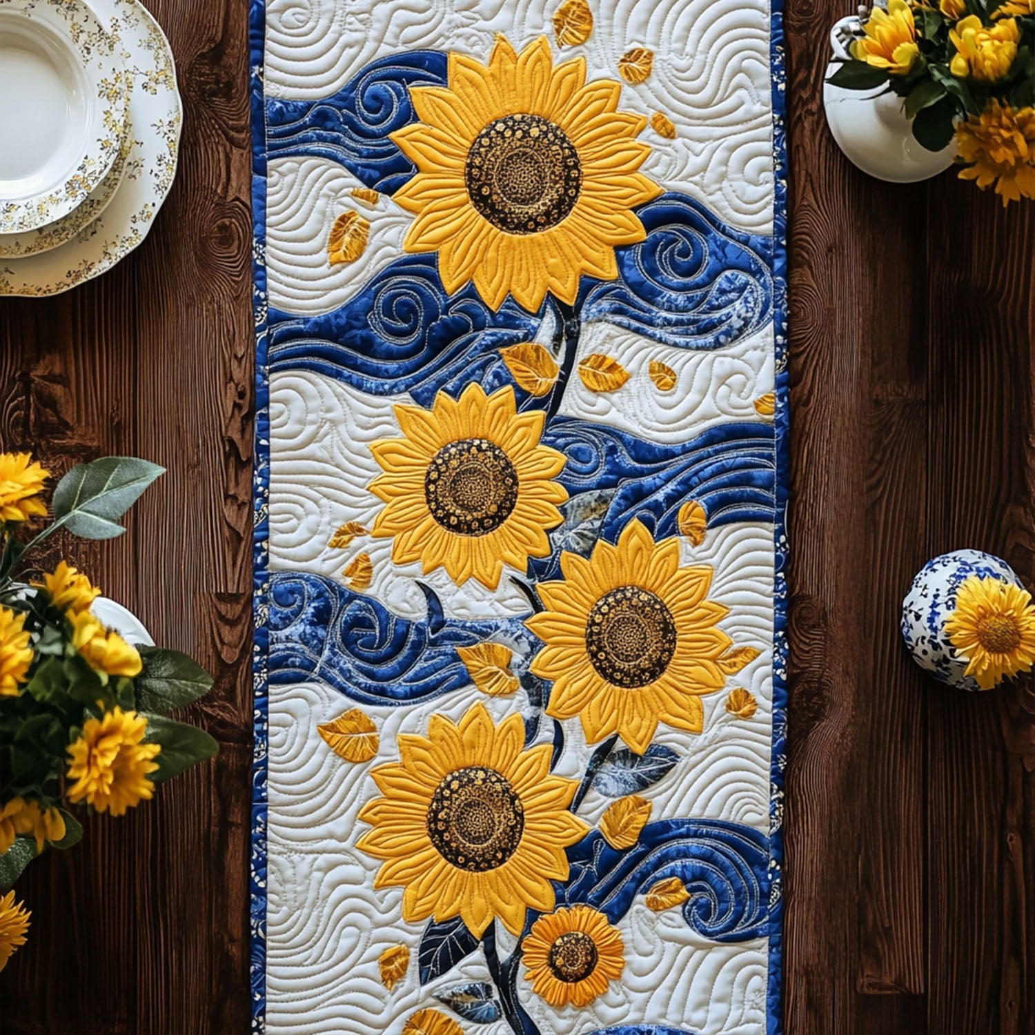 Golden Petal Drift Quilted Table Runner Spring Flower Table Runner Dining Room Table Decor Ideas