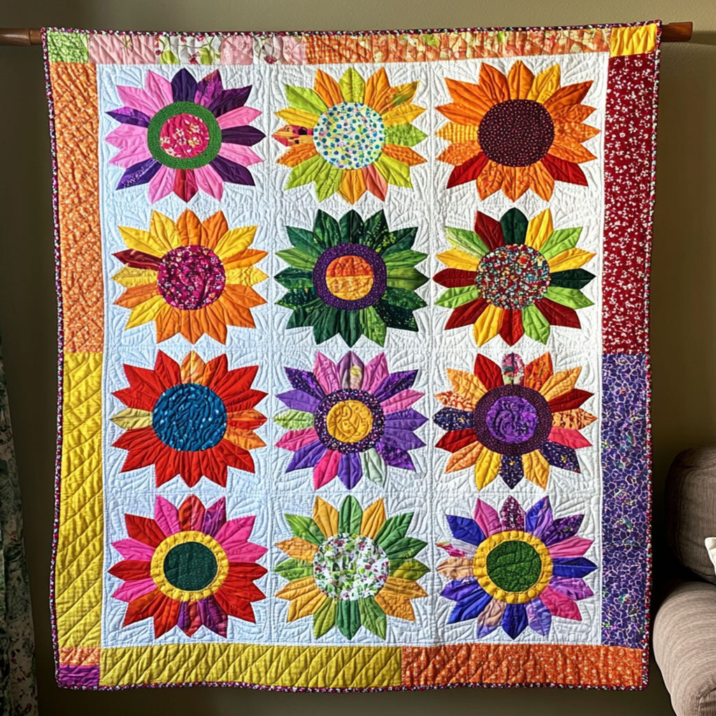 Golden Petal Symphony Quilted Blanket Holiday Throw Blanket Gifts For Sunflower Lovers