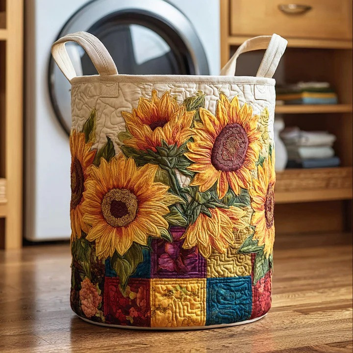 Golden Petals Floral Quilted Laundry Basket Elegant Bloom Home Organizer Best Gift For Flower Lovers
