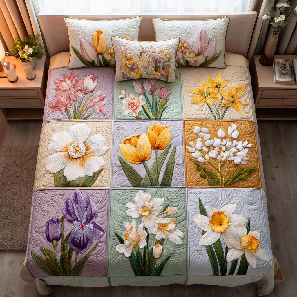 Golden Petals Quited Bedding Set Thoughtful Bedroom Gift Idea for Any Occasion