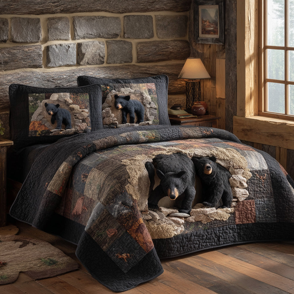 Golden Pines Black Bear Quilted Bedding Set Bed Sheet Set Gift Ideas For Wildlife Lovers